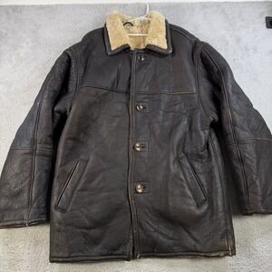 Runway Shearling Coat Mens Large Brown Leather Button Front Warm Winter Jacket